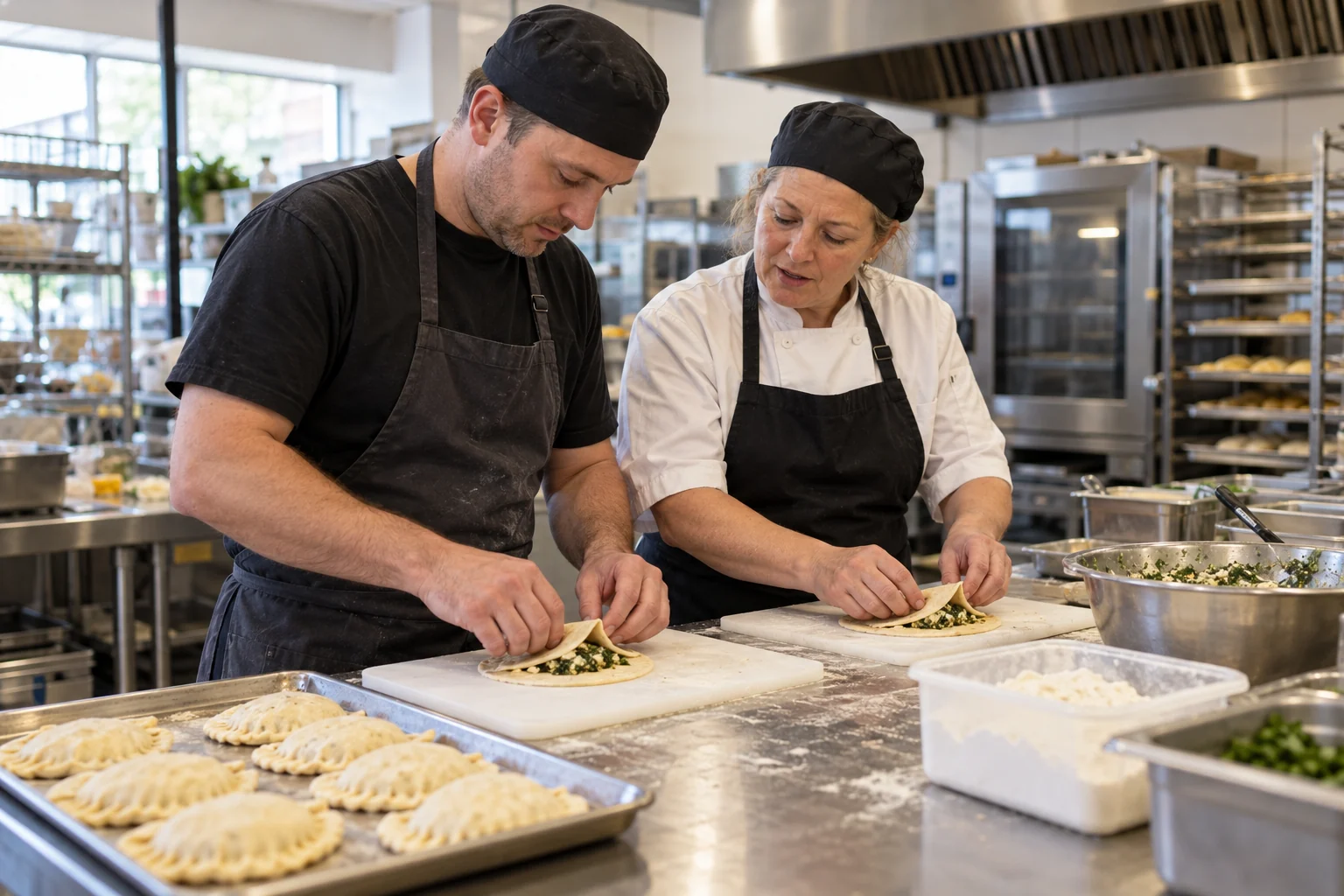 Illustration: an adult employee learns food preparation alongside an experienced kitchen supervisor.
