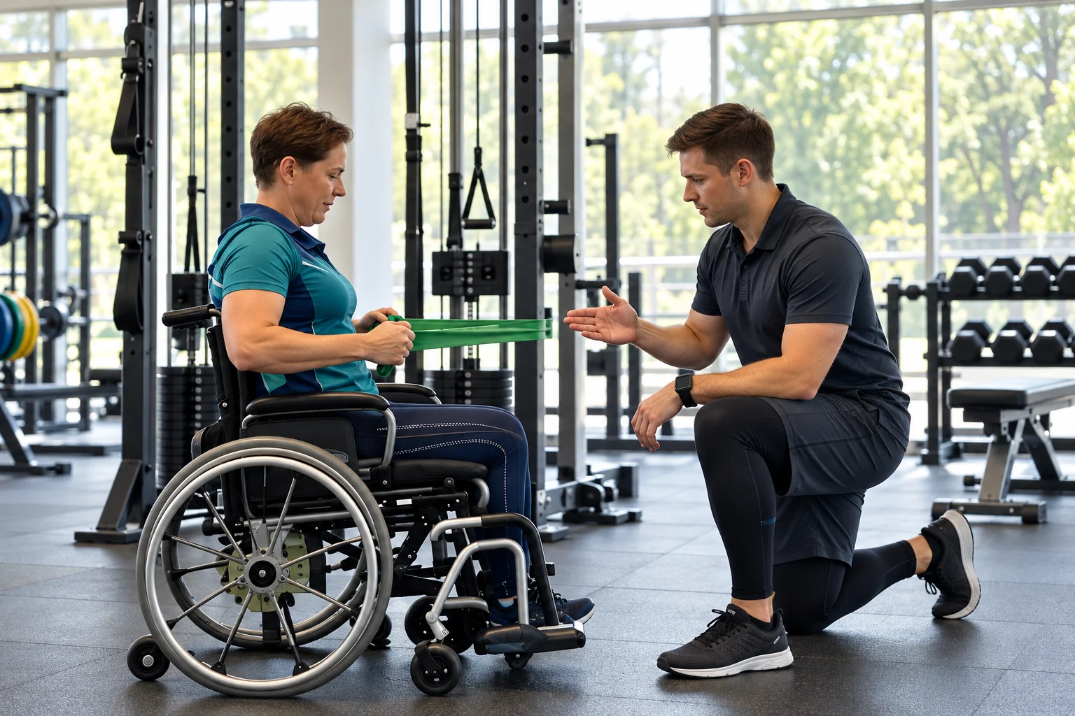 Illustration: a wheelchair-using athlete exercises with a green resistance band while a coach guides the movement.
