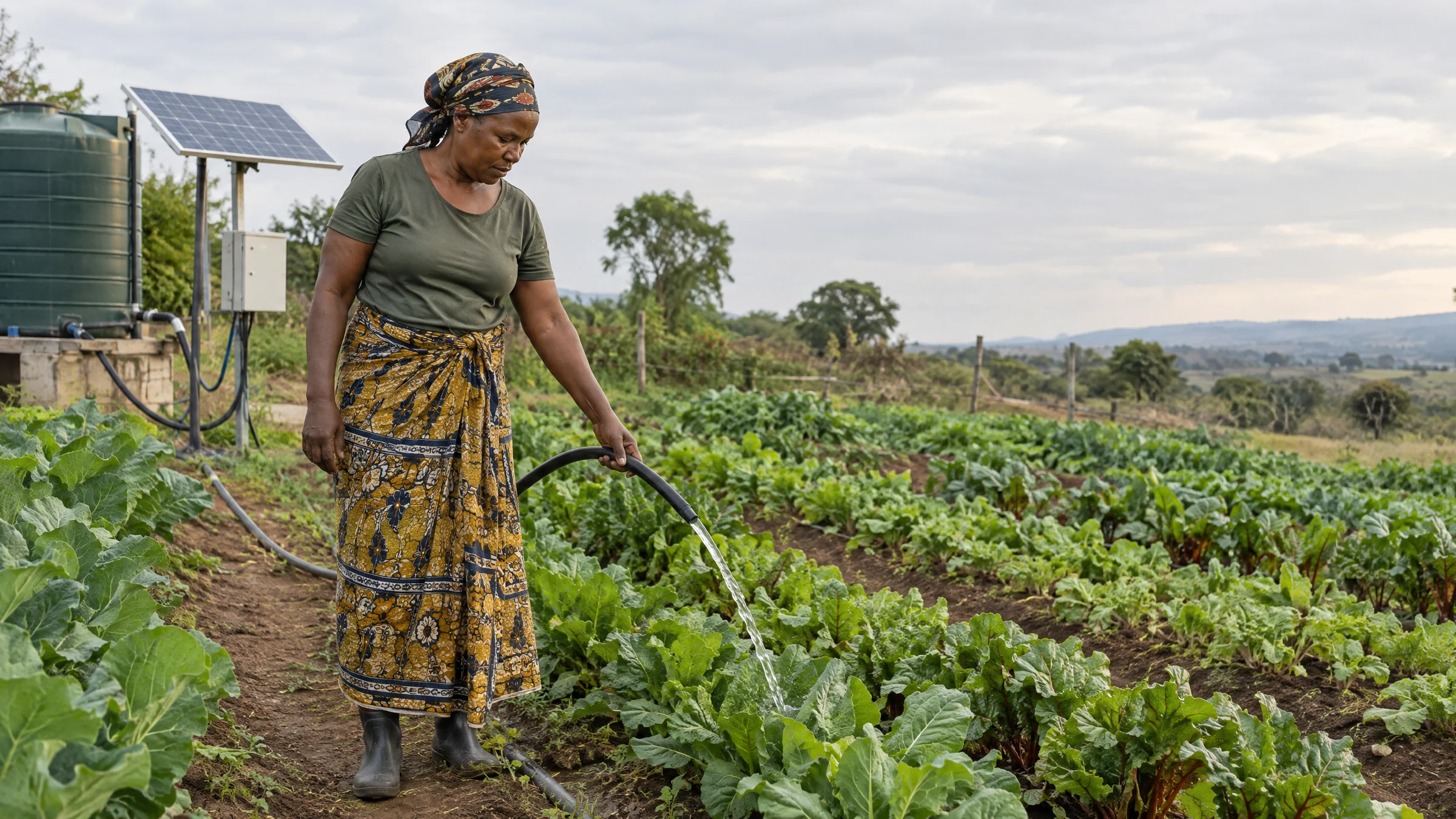 AI-generated illustration: a farmer waters crops beside a solar panel, water tank and irrigation equipment.
